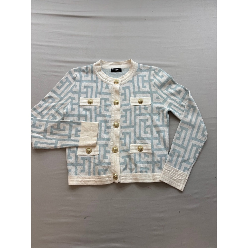 Balmain Paris Monogram Knit Cardigan Light Blue White Gold Button Size M